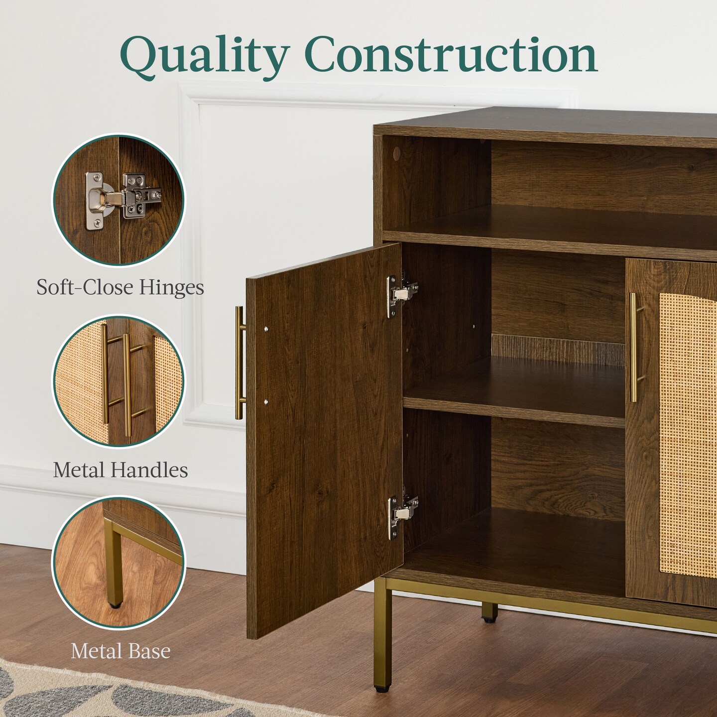 Best Choice Products Arched 2-Door Rattan Cabinet, Sideboard, Buffet, w/ Cord Cutout, Adjustable Storage Shelf