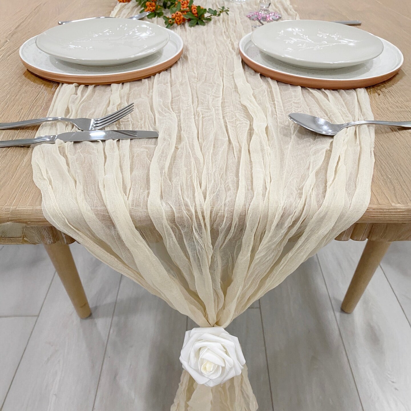 Wrapables 10Ft Bohemian Cheesecloth Gauze Table Runner for Rustic Weddings, Parties, Home Decor, Beige