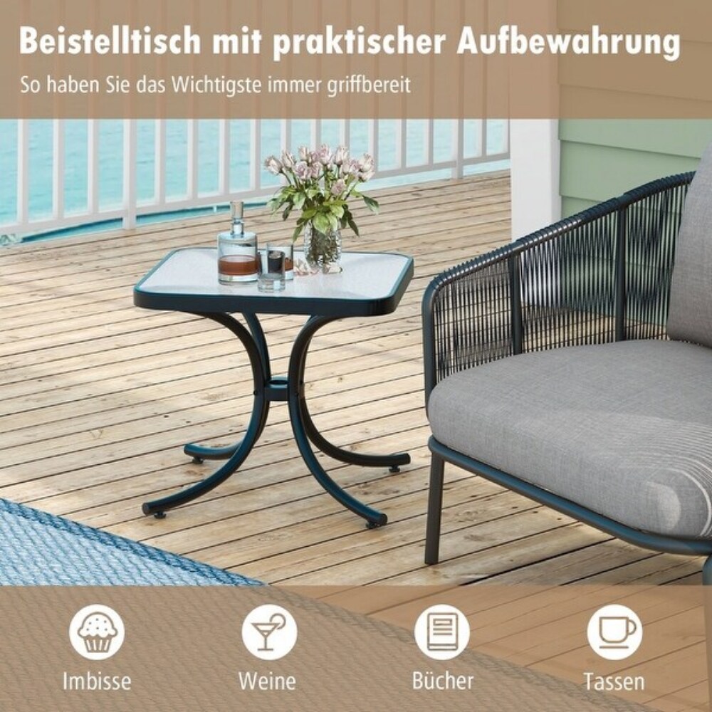 Tempered Glass Top Patio Outdoor Side Table with Heavy-Duty Metal Frame