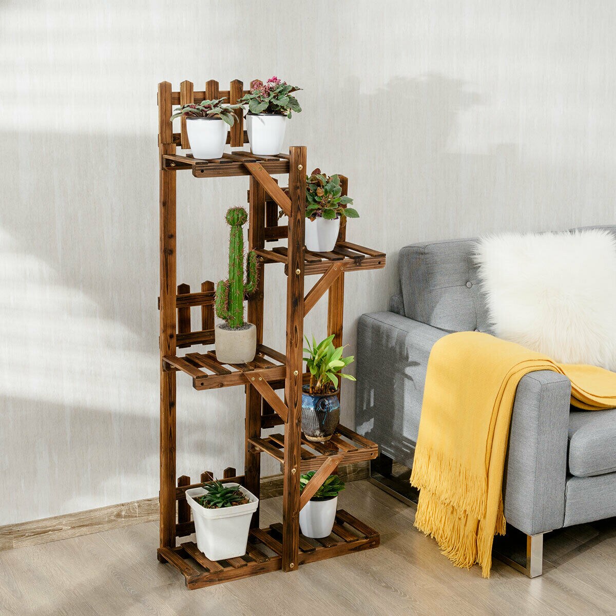 5-Tier Flower Rack Wood Plant Stand with 6 Pots Display Shelf