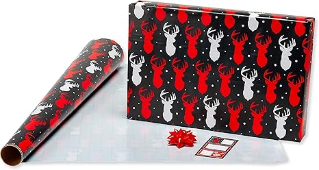 Wrapping Paper Set with Cut Lines (4 rolls 30 in. x 12 ft., 7 Bows, 30 Gift Tags), Christmas Text, Plaid, Reindeer and Snowflakes