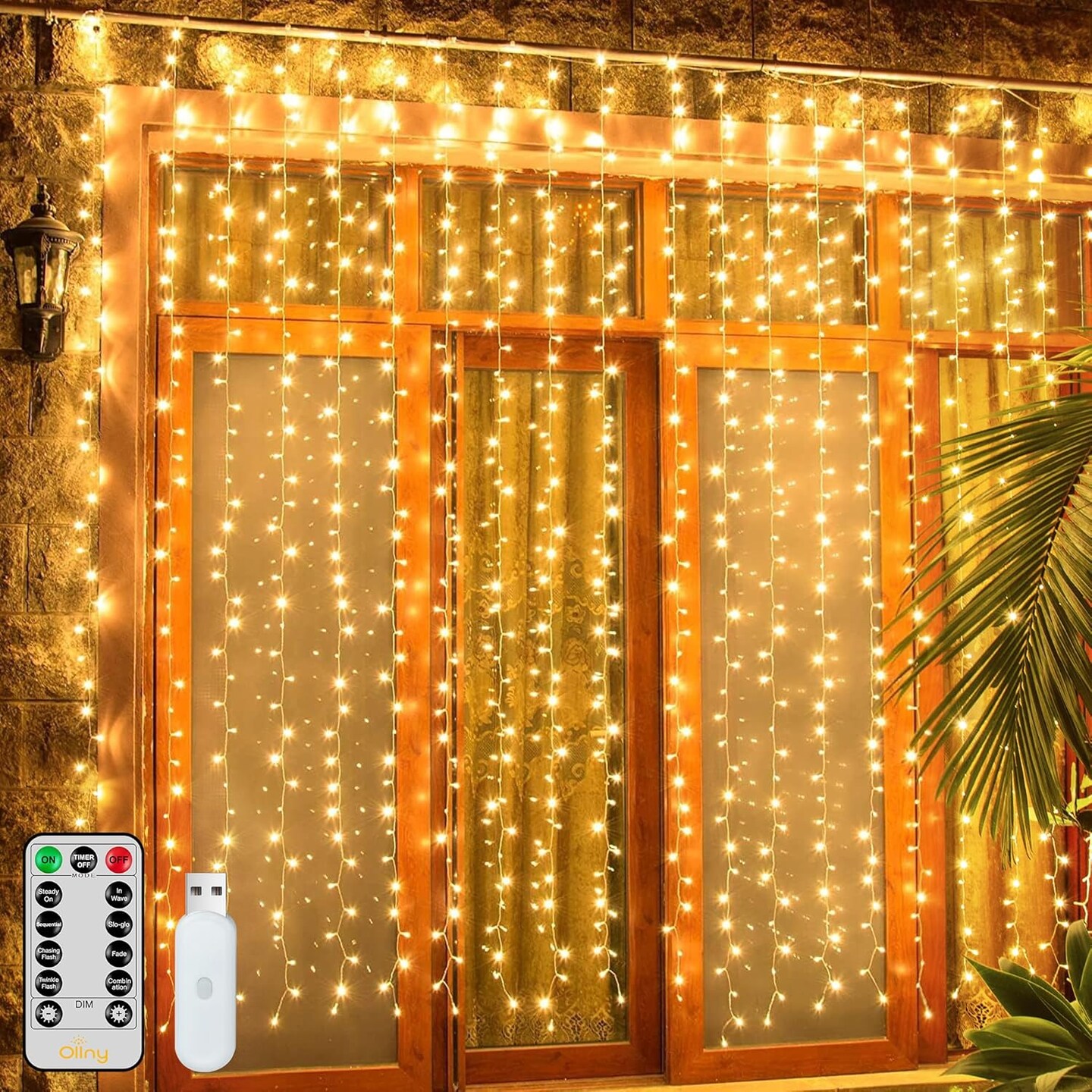 Ollny Curtain Lights 200LED 6.6x6.6ft, USB Christmas Curtain Lights Warm White with Remote 8 Modes Timer, Waterproof String Lights for Bedroom Backdrop Window Indoor Outdoor
