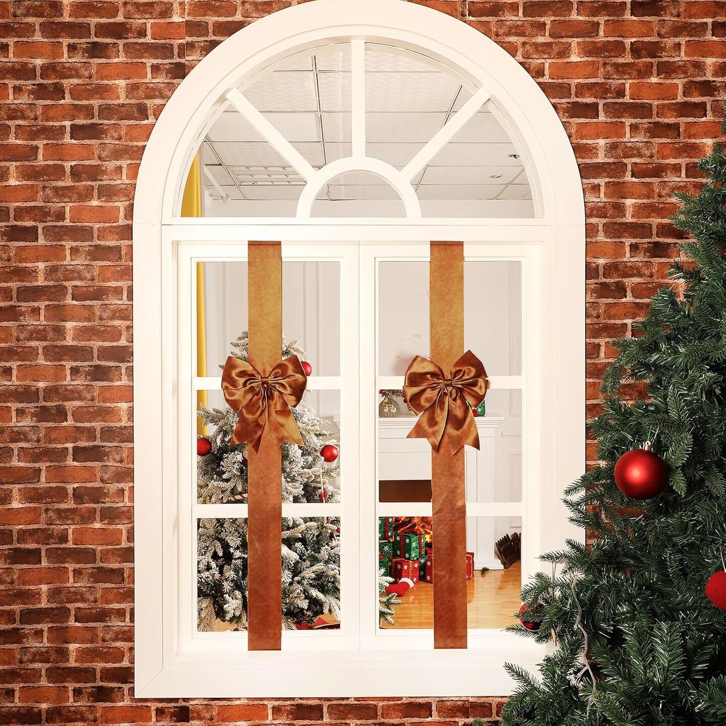 6 Pcs Christmas Cabinet Door Bows Large Christmas Ribbons Cabinet Door Windows Bows for Christmas Festive Party Cabinets Furniture Kitchen Decorations(Brown,Velvet)
