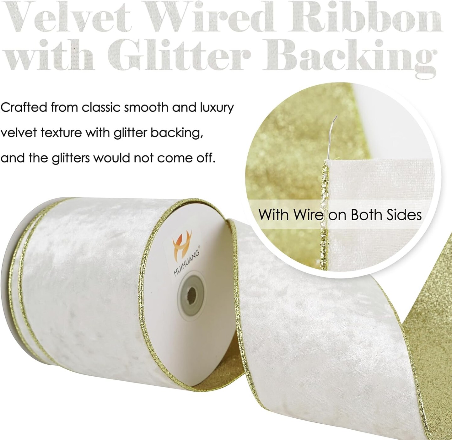 Ivory Velvet Wired Ribbon 4 inch White Velvet Ribbon with Glitter Gold Christmas Ribbon for Christmas Tree Decorations, Wreaths, Garlands, Large Bows, Home Decor- Continuous 10 Yards