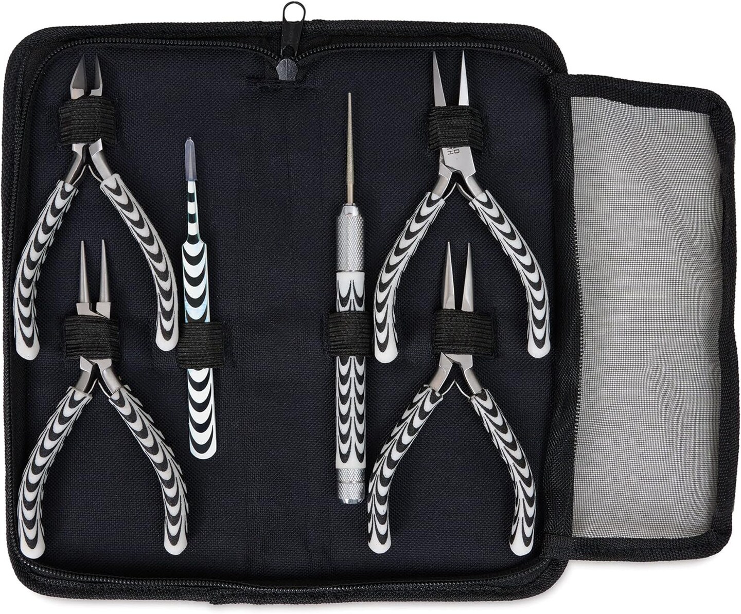 The Beadsmith Zebra Print Pliers &#x2013; 6 Inch Tools, 6 Piece Kit: Chain Nose, Round Nose, Bent Chain Nose, Side Cutter, Tweezers &#x26; Reamer with Zippered Pouch &#x2013; Tools Set for Jewelry Making