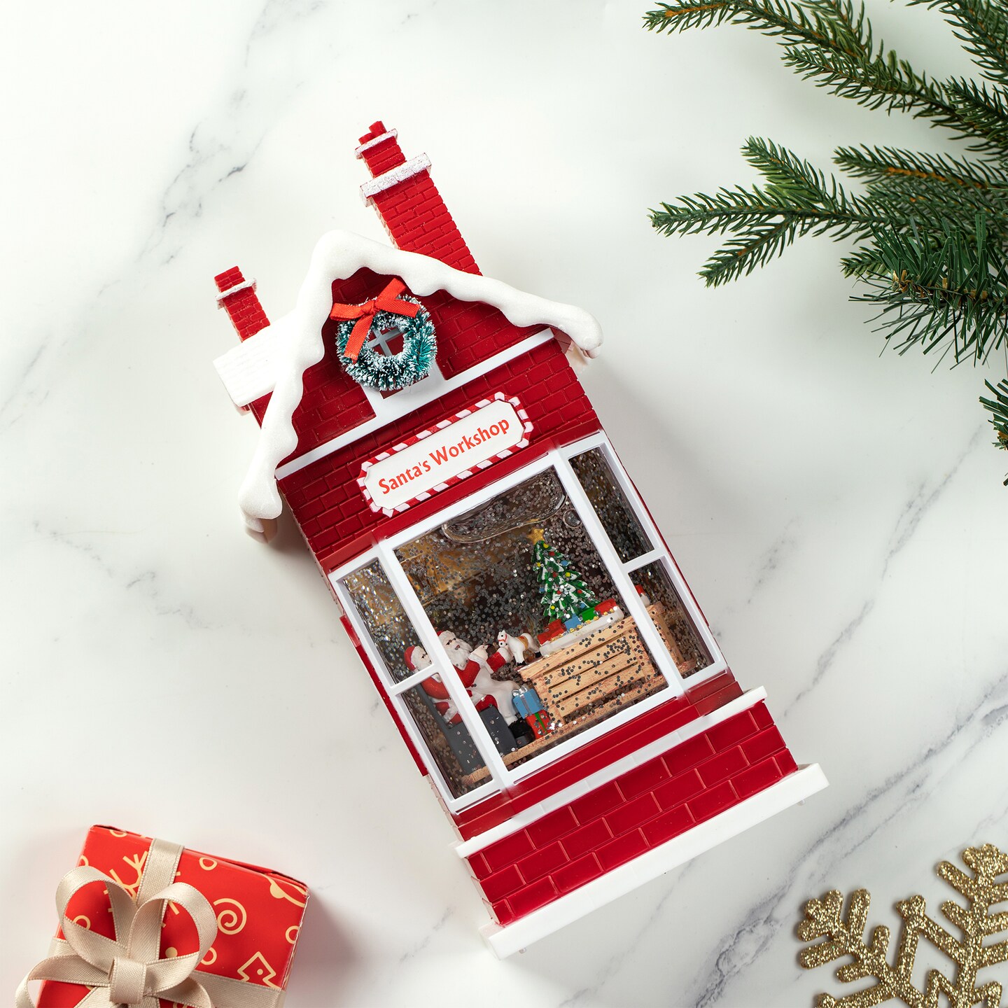 Set of 2 10.5&#x22;H Lighted Santa&#x27;s Workshop Waterglobe