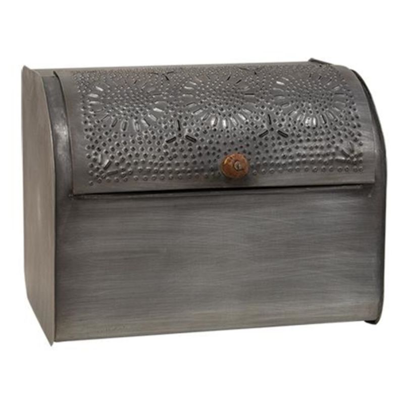 Antiqued Tin Bread Box with Punched Metal Panel 13.5x11