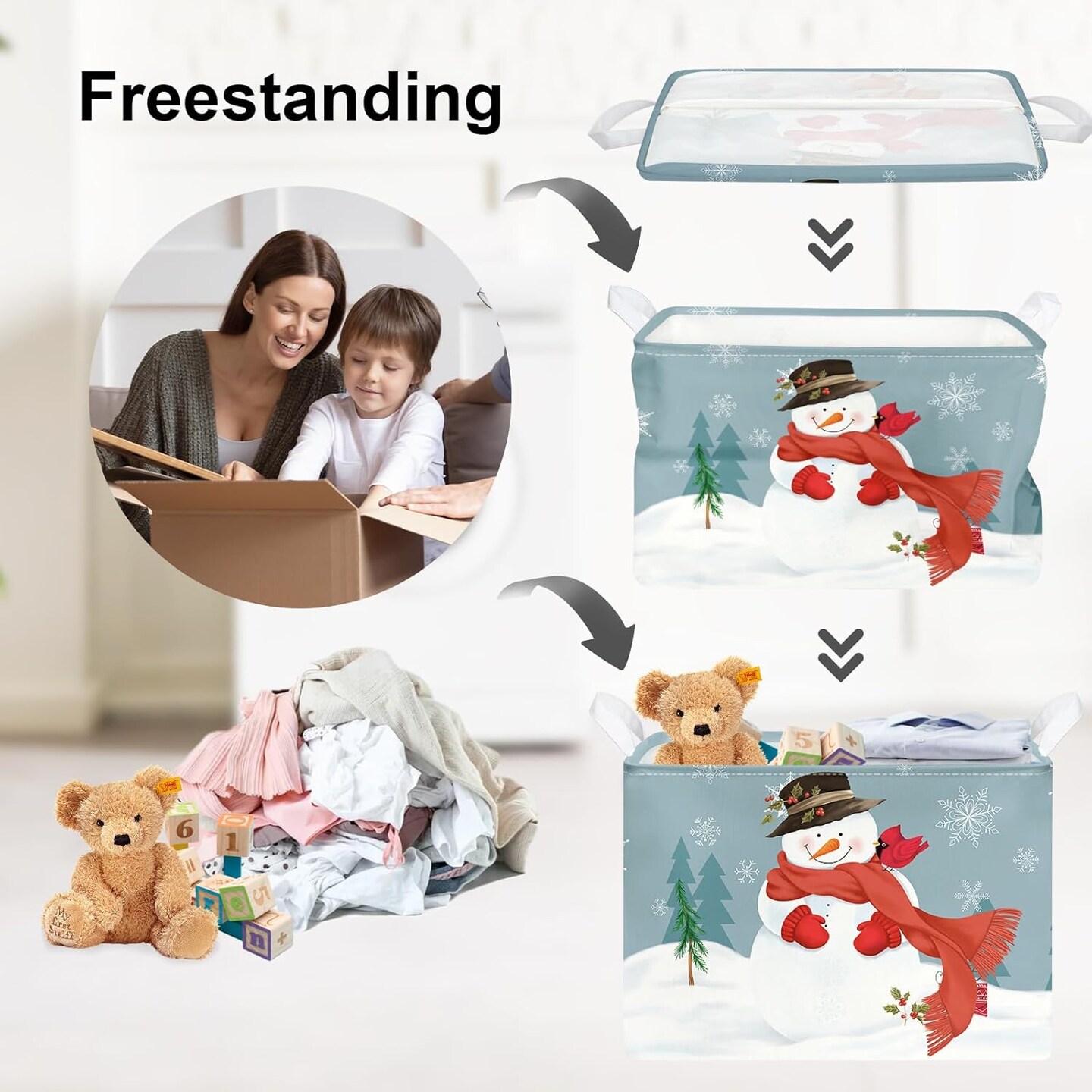 Rectangular Snowman Christmas Basket Large Blue Winter Snowflake Shelf Basket Clothes Toy Book Gift Nursery Basket Collapsible Wrap Ornament Storage