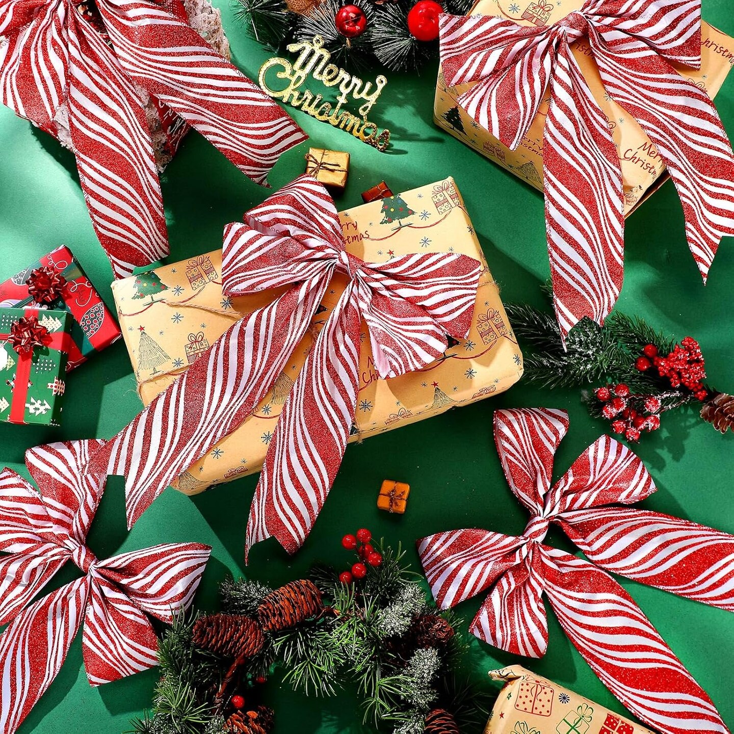 24 Pcs Christmas Bows for Xmas Tree Christmas Wreath Bow Large Decorative Bow Ribbon Bow for Gift Indoor Outdoor Home and Party Holiday Decorations(Red and White,Striped)