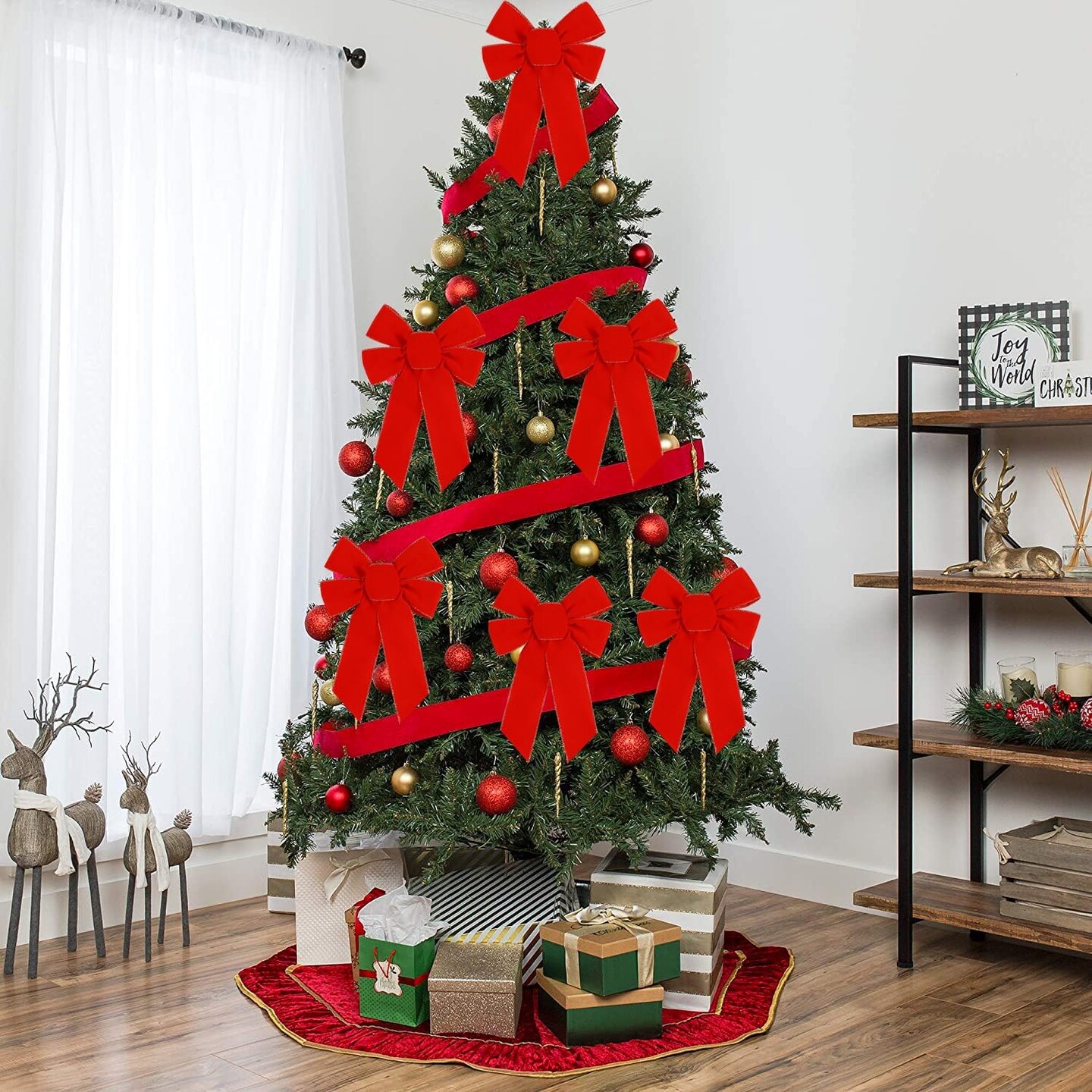 10 Pcs Red Bows Christmas Tree Decorations,9&#x201D;x13&#x201D; Large Velvet Wreath Bow with Glitter Gold Edge for Xmas Home Fence Stairs Railing Fireplace Indoor Outdoor Front Door Decor