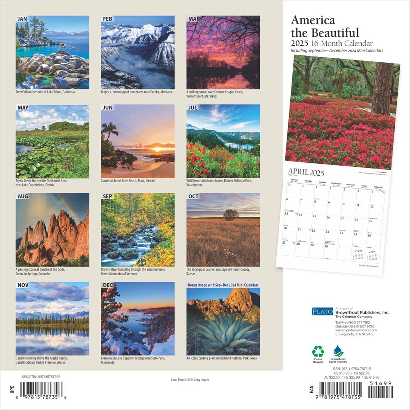 America the Beautiful | 2025 12 x 24 Inch Monthly Square Wall Calendar | Foil Stamped Cover | Plato | USA United States Scenic Nature