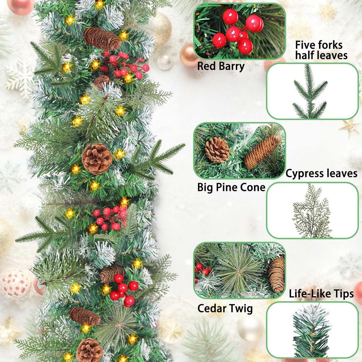 9 FT Christmas Garland with Lights, Pre-lit Xmas Garland Battery Operated Lighted with Timers Pine Cone Berrirs Lush Branches,Christmas Garlands Decoration for Mantle Stair Fireplace Indoor Outdoor
