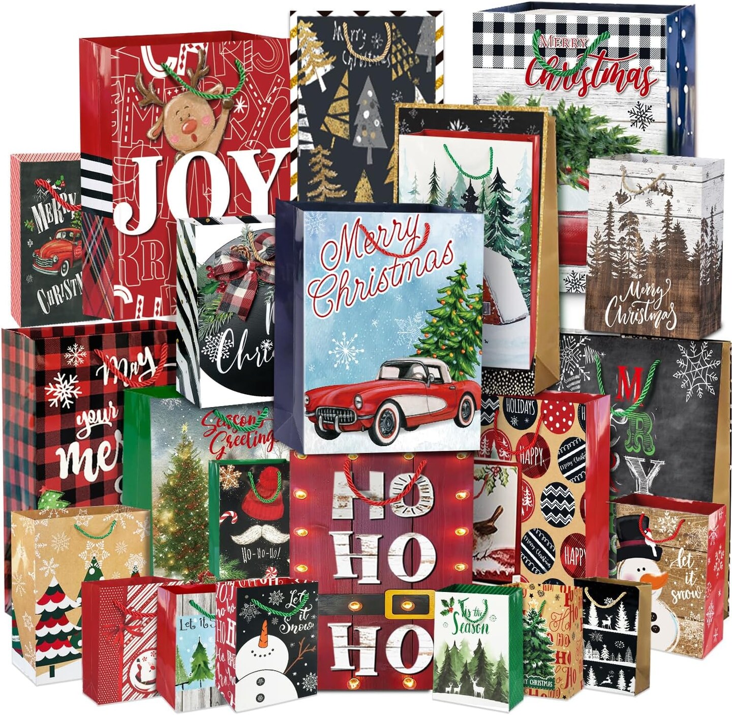 24 Christmas Gift Paper Bags Bulk with handles and 60 Count Christmas Gift Tags-Assorted sizes set for Wrapping Xmas Holiday Presents(6 Jumbo,6 Large,6 Medium,4 Small,2 Wine)