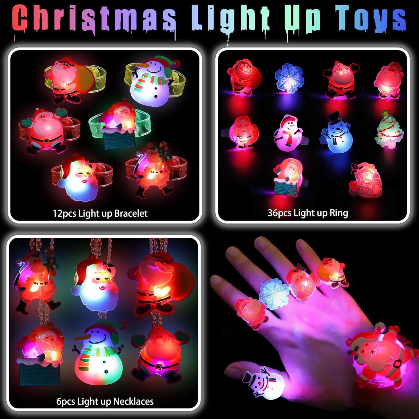 HJZIZI 60Pcs Christmas Party Favors For Kids, Light Up Rings Christmas Stocking Stuffers, 50 Led Flashing Rings & 10 Luminous Tattoos, Glow In The Dark Party Supplies Toys Bulk Christmas Gifts