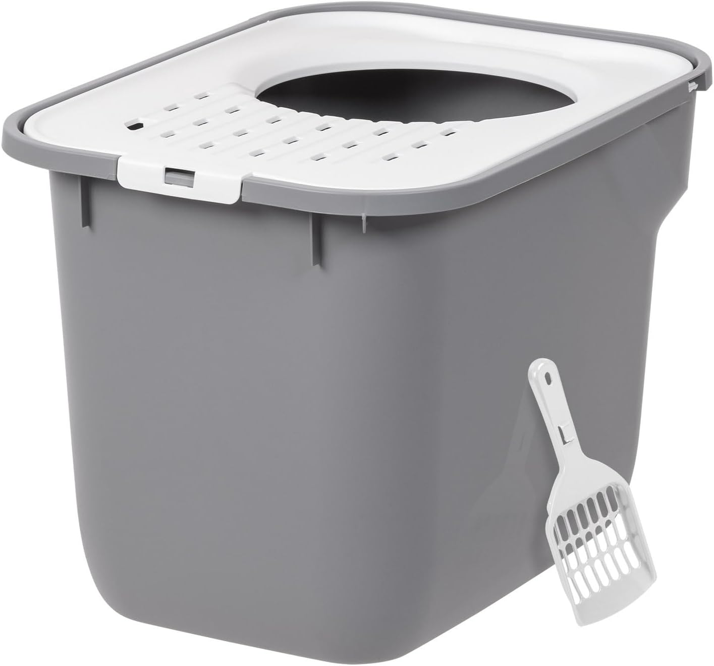 IRIS USA Square Top Entry Cat Litter Box with Scoop, Gray/White