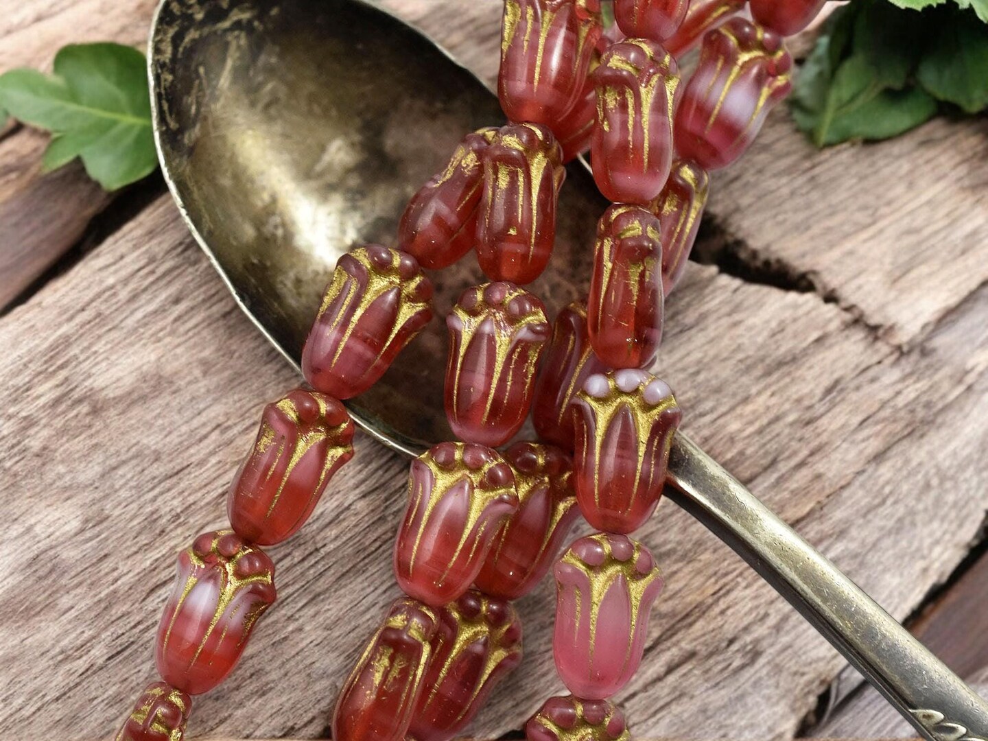 *12* 12x8mm Bronze Washed Blended Cranberry Tulip Beads