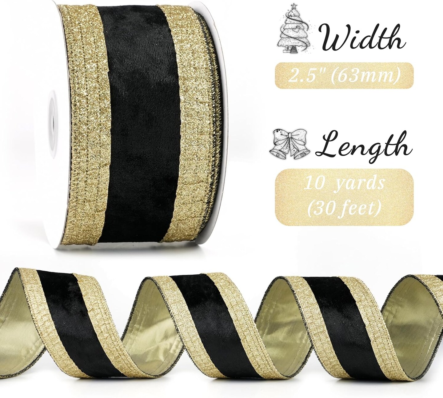 Black and Gold Velvet Wired Ribbon 2.5" X 10 Yards Black Velvet with Gold Glitter Border Stripe Christmas Ribbon for Tree, Wreath Supplies, Garlands Making, Crafts Projects, Home Decor