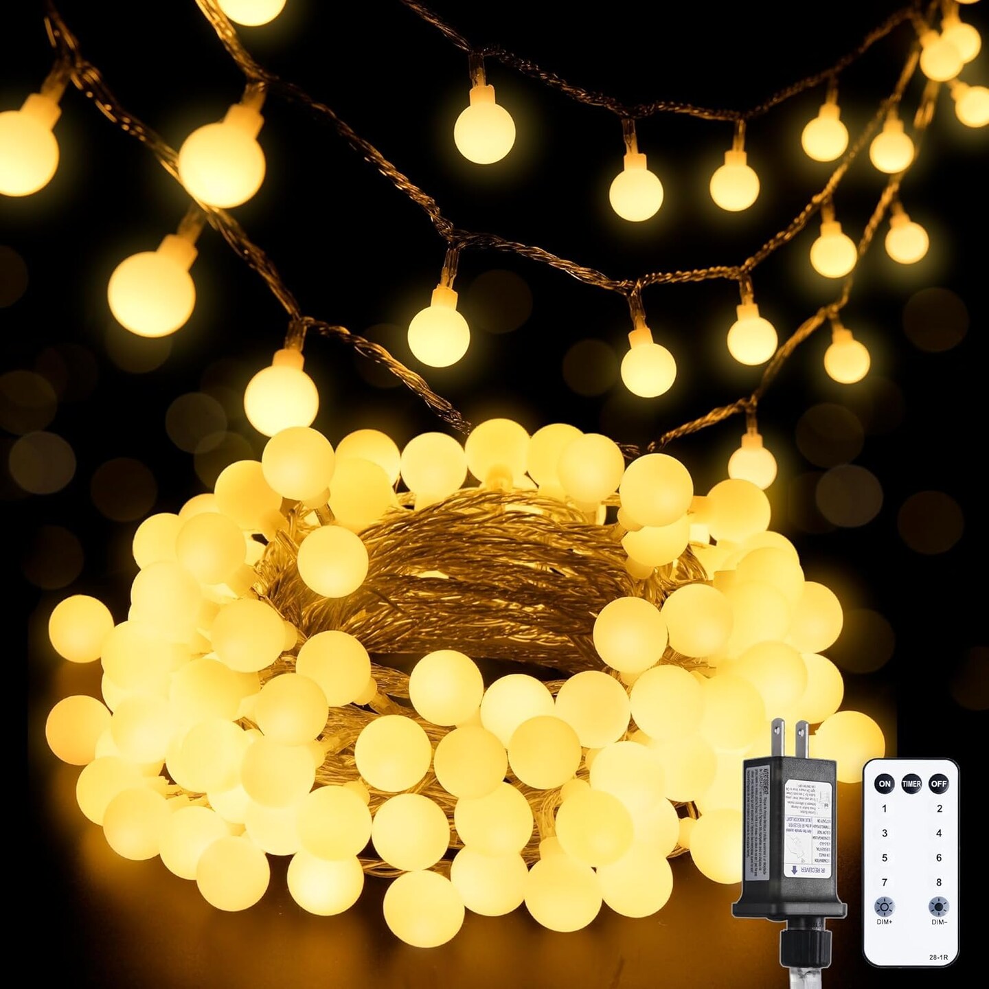100 LED Connectable Globe String Lights Indoor Bedroom, 33ft Warm White Christmas Lights with Remote Plug in, 8Mode Hanging Fairy Lights Outdoor Waterproof for Room Dorm Christmas Decorations