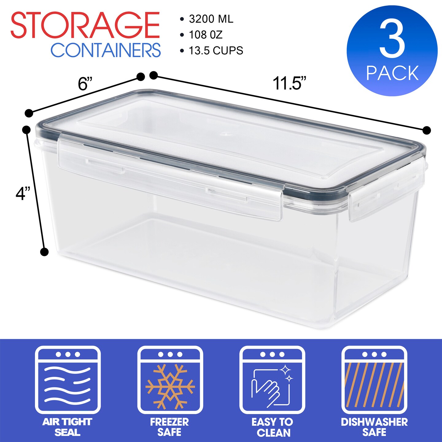 Sorbus Large Food Storage Containers - Pack of 3 with Air Tight, Four-Way Snap Lids