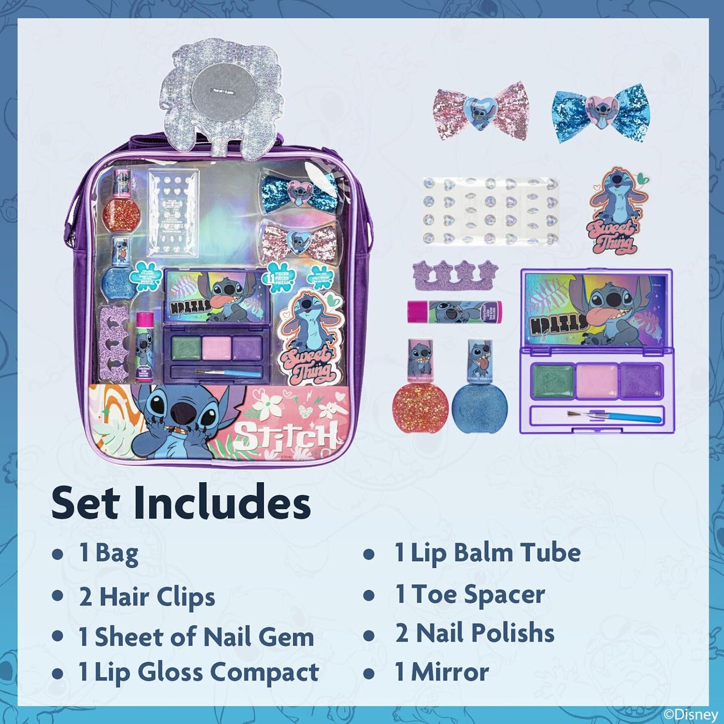 Stitch Makeup Filled Shoulder Bag Includes Lip Gloss, Nail Polish, Hair Bow & More! for Girls, Ideal for Ages 3 and Up Perfect for Parties & Makeovers, by Townley Girl