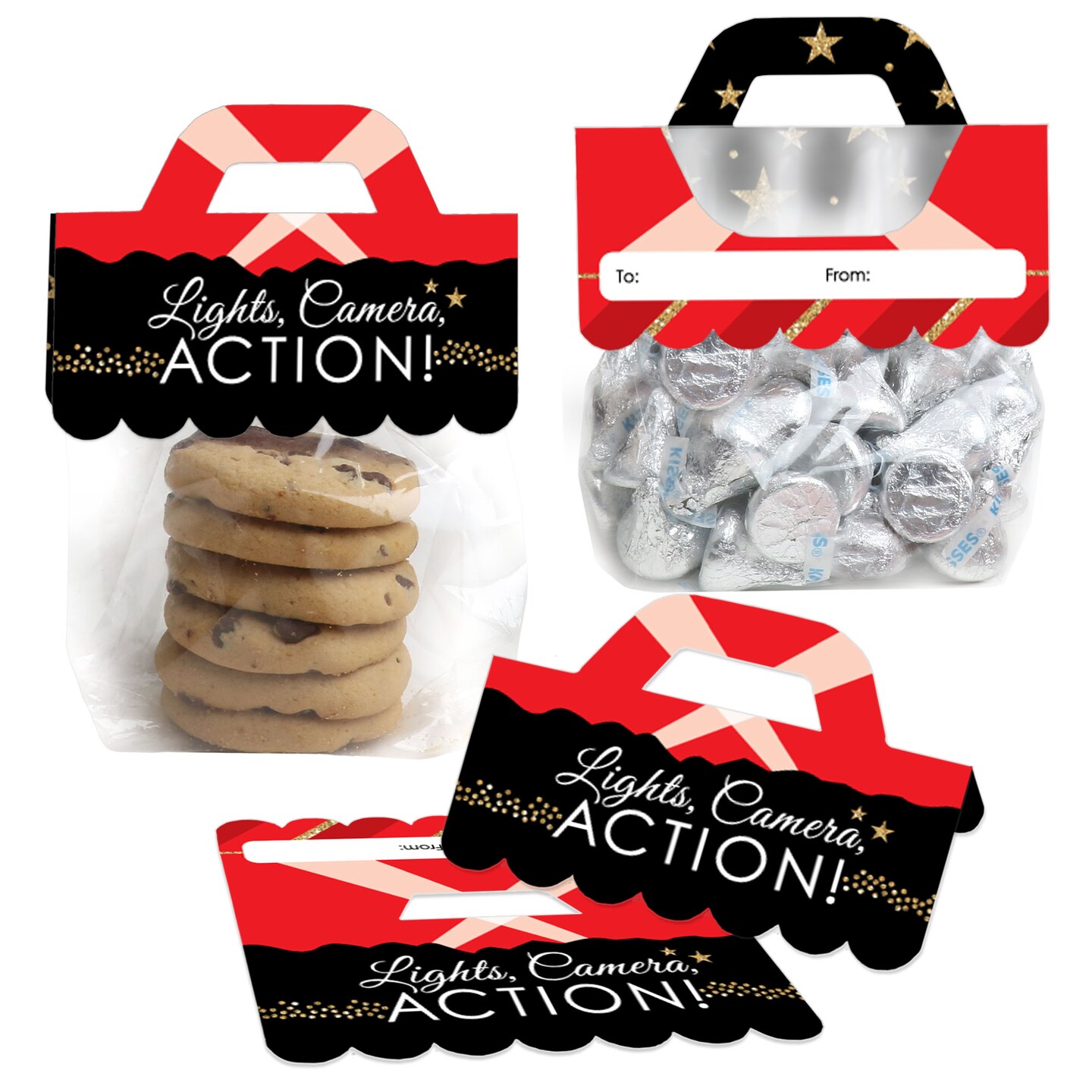Big Dot of Happiness Red Carpet - DIY Movie Night Party Clear Goodie Favor Bag Labels - Candy Bags with Toppers - Set of 24