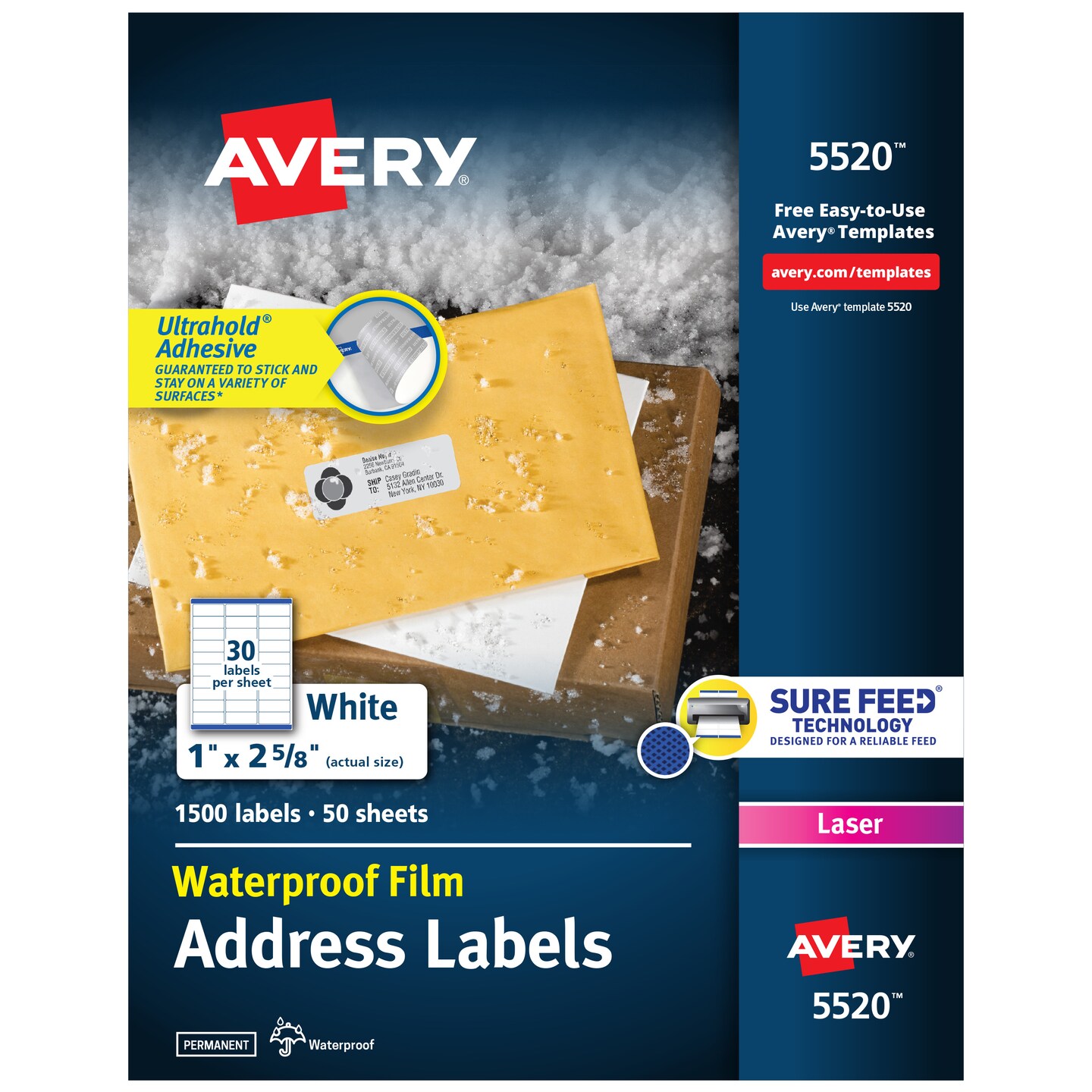 Avery Waterproof Printable Address Labels with Sure Feed, 1&#x22; x 2-5/8&#x22;, White, Ultrahold Permanent Adhesive, Laser Printers, 1,500 Blank Mailing Labels (5520) - 5 Pack