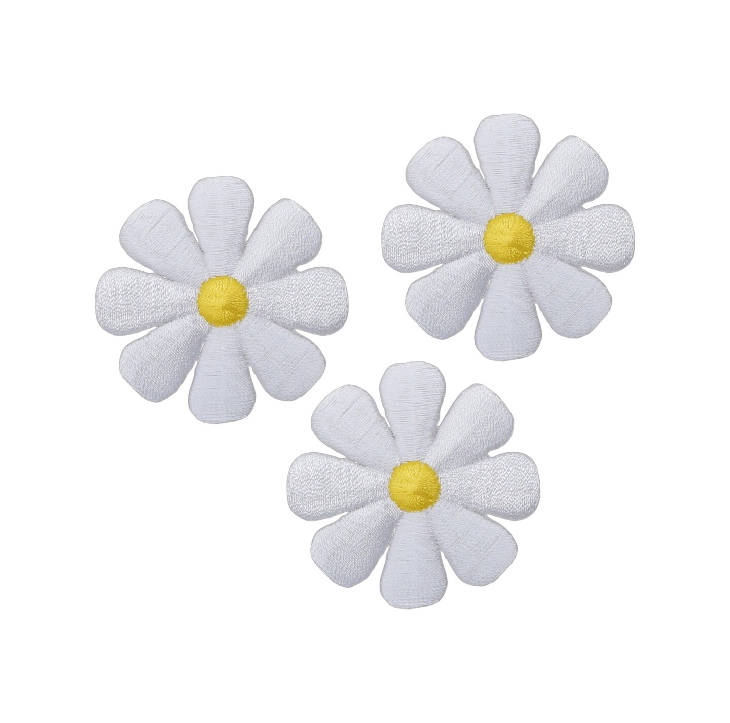 Set of 3, 2&#x22; White Daisy Flower, Embroidered, Iron on Patch