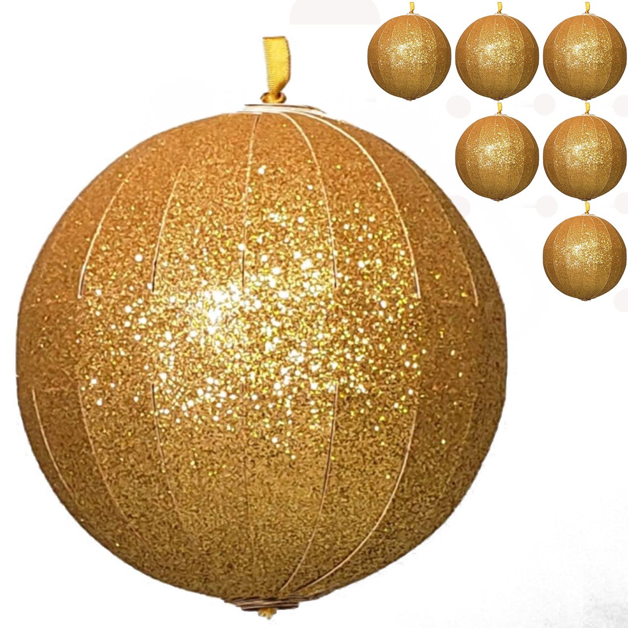 POP-UP Glitter Gold Christmas Ball Ornaments 6 ct. 3.5&#x22;; COLLAPSIBLE Large Xmas Tree Plastic Baubles; Shatterproof