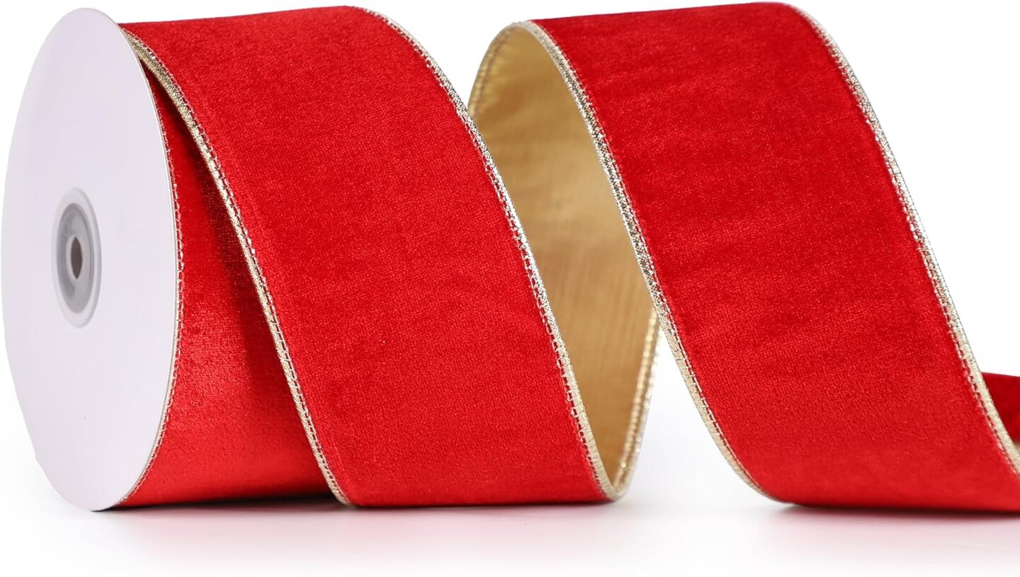 Red Velvet Ribbon Wired 2.5&#x22; X 10 Yards Scarlet Red Christmas Ribbon with Gold Back Red Gold Wired Ribbon for Wreaths, Tree Topper Bows, Crafts, Home Decor, Gift Wrapping