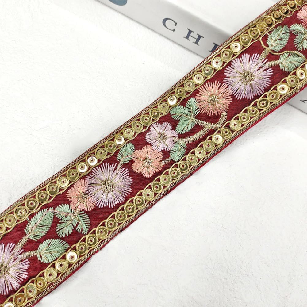 10 Yards 1.5 Inch Flower Jacquard Ribbon Trim Embroidered Ribbon Red Embroidery Tape Boho Floral Fabric Applique Sewing Ribbons for Sewing Making Craft Gift Diy Christmas Embellishment Decor