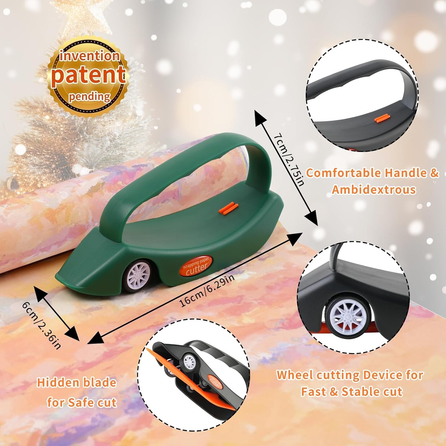 Pack Wrapping Paper Cutter with 3 Replaceable Blades | New Gift Wrap Cutter with Wheels | Birthday and Christmas Wrapping Paper Cutter Slider for Home, Office or Classroom (Black & Green)