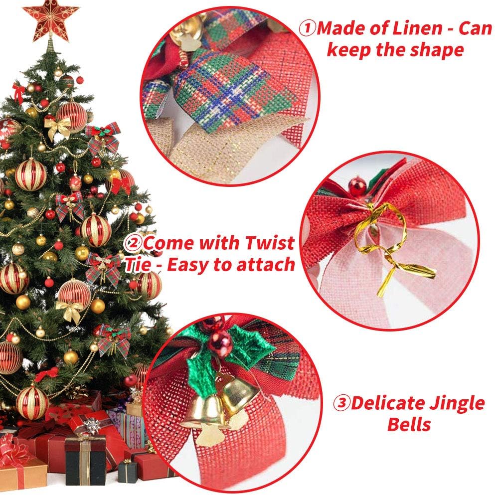 12 Pack Christmas Red Green Plaid Tree Bows, Linen Bowknot Wreath Bow with Jingle Bells for Christmas Garland Tree, Crafts, Wrapping, Wreath Xmas Hanging Ornaments Decor