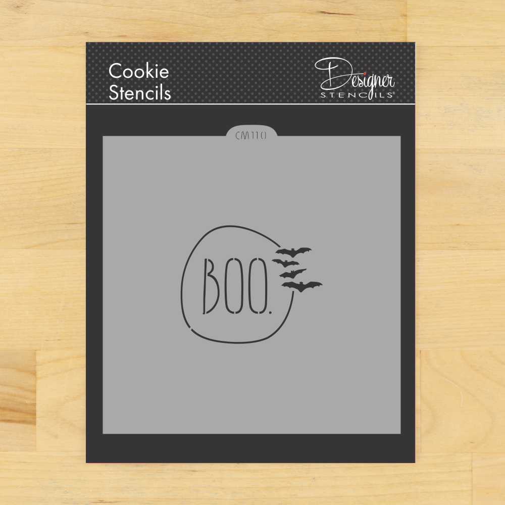 Boo with Bats Cookie &#x26; Craft Stencil | CM110 by Designer Stencils | Cookie Decorating Tools | Baking Stencils for Royal Icing, Airbrush, Dusting Powder | Craft Stencils for Canvas, Paper, Wood | Reusable Food Grade Stencil