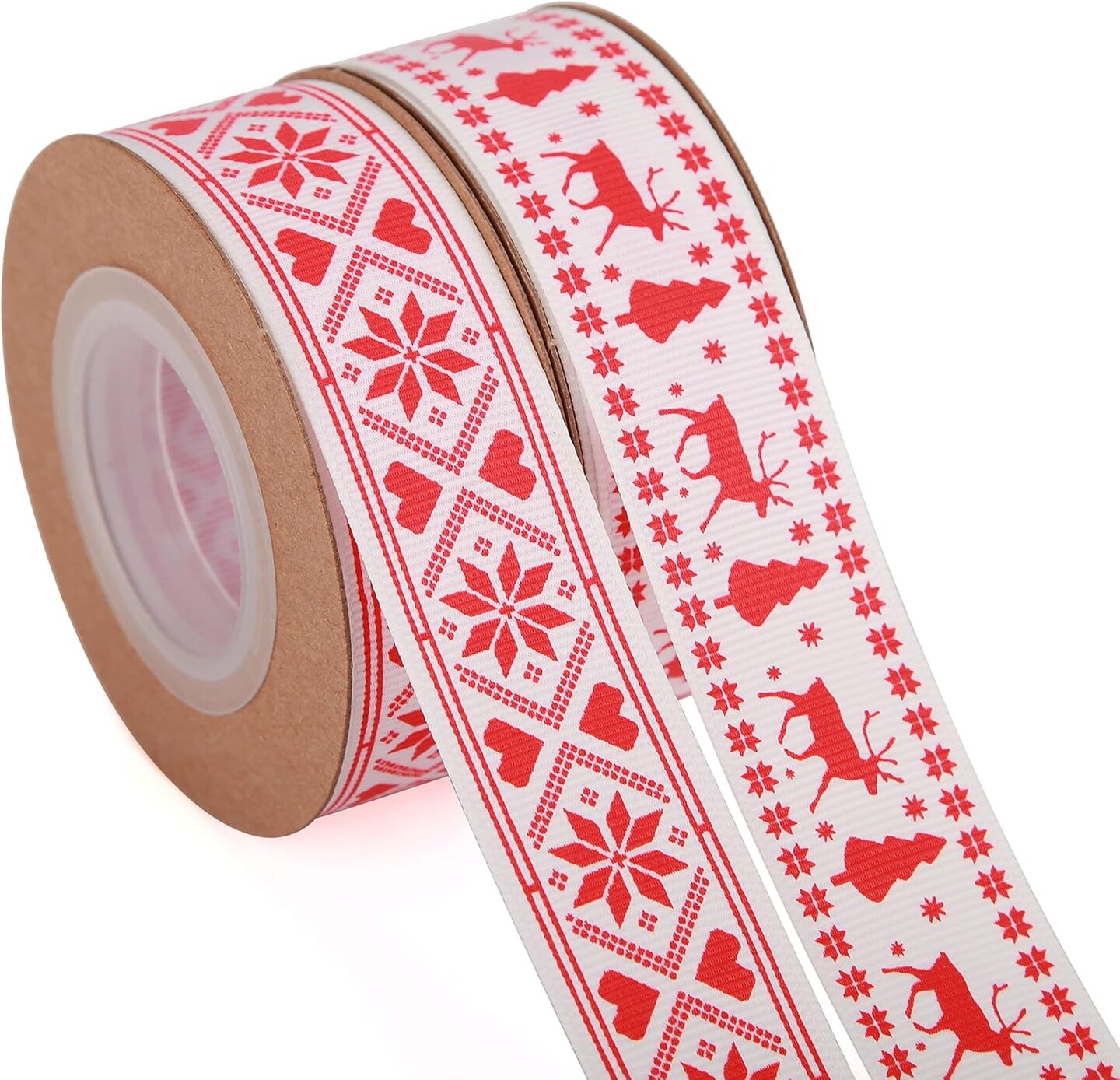 Christmas Ribbon Total 20 Yards 1Inch Wide Red and White Nordic Trim Scandi Reindeer and Snowflake Ribbon for Gift Wrapping, DIY Craft, Christmas Party Supplies