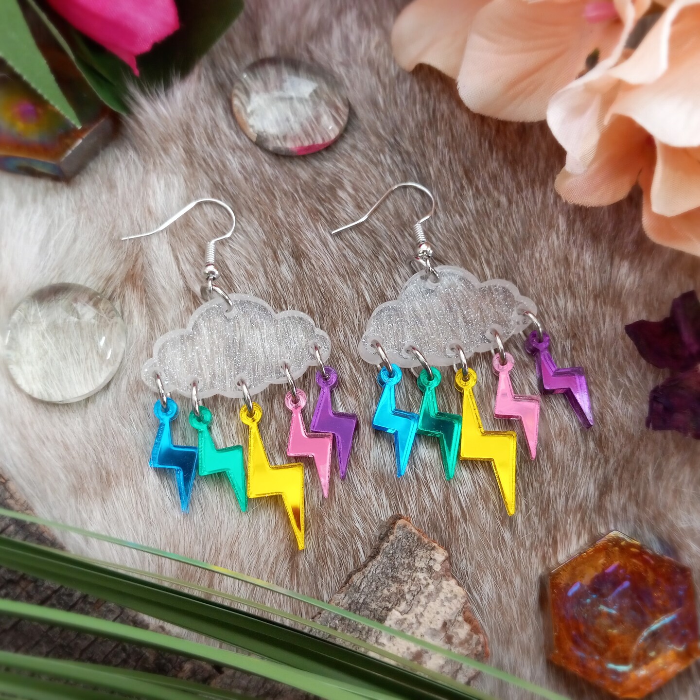 Lightning Bolt Rain Cloud Dangle Earrings, Glows in Black Light, Raindrops Weather Rave Jewelry, White Cloud Statement Earrings