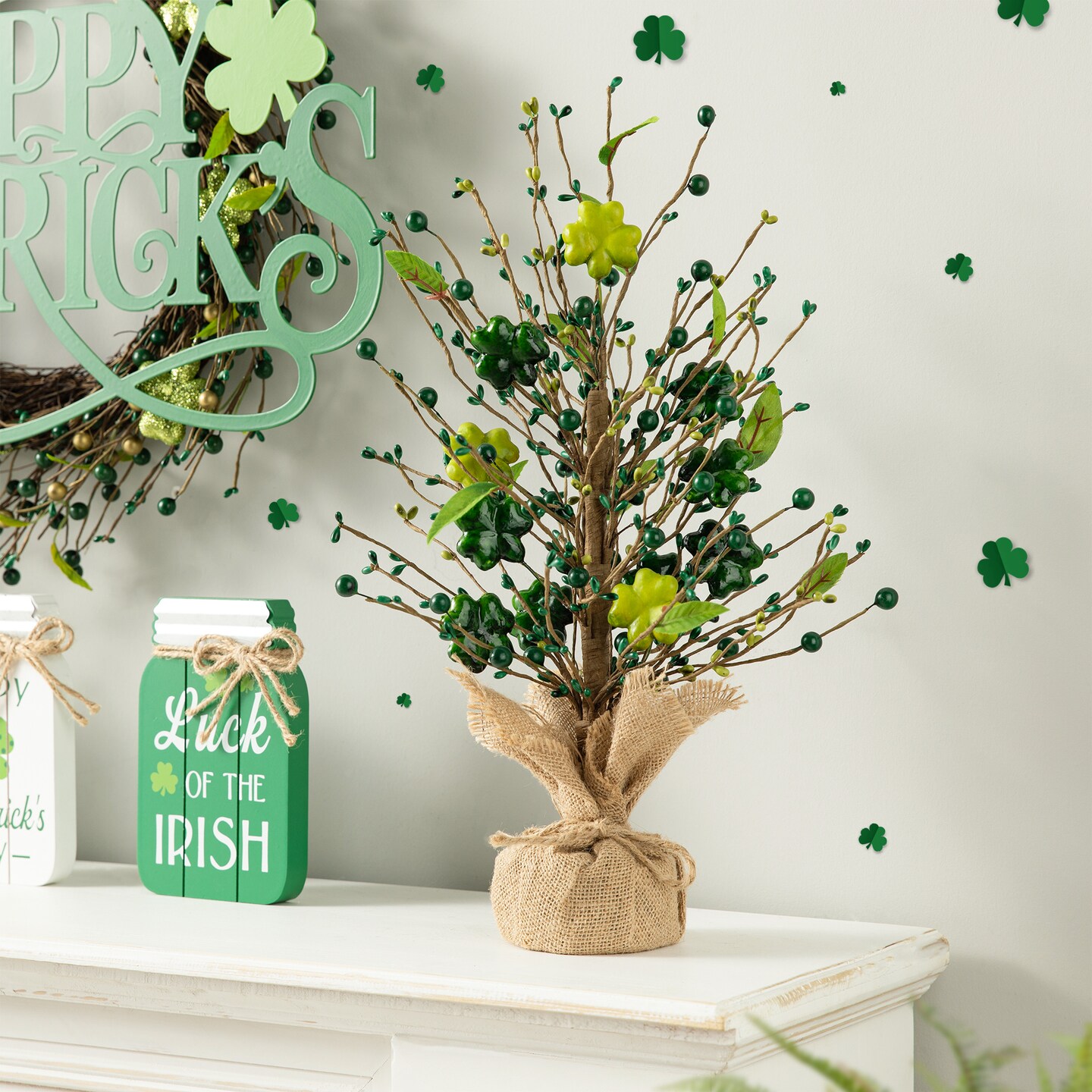 18&#x22;H St Patrick&#x27;s Shamrock and Berry Table Tree