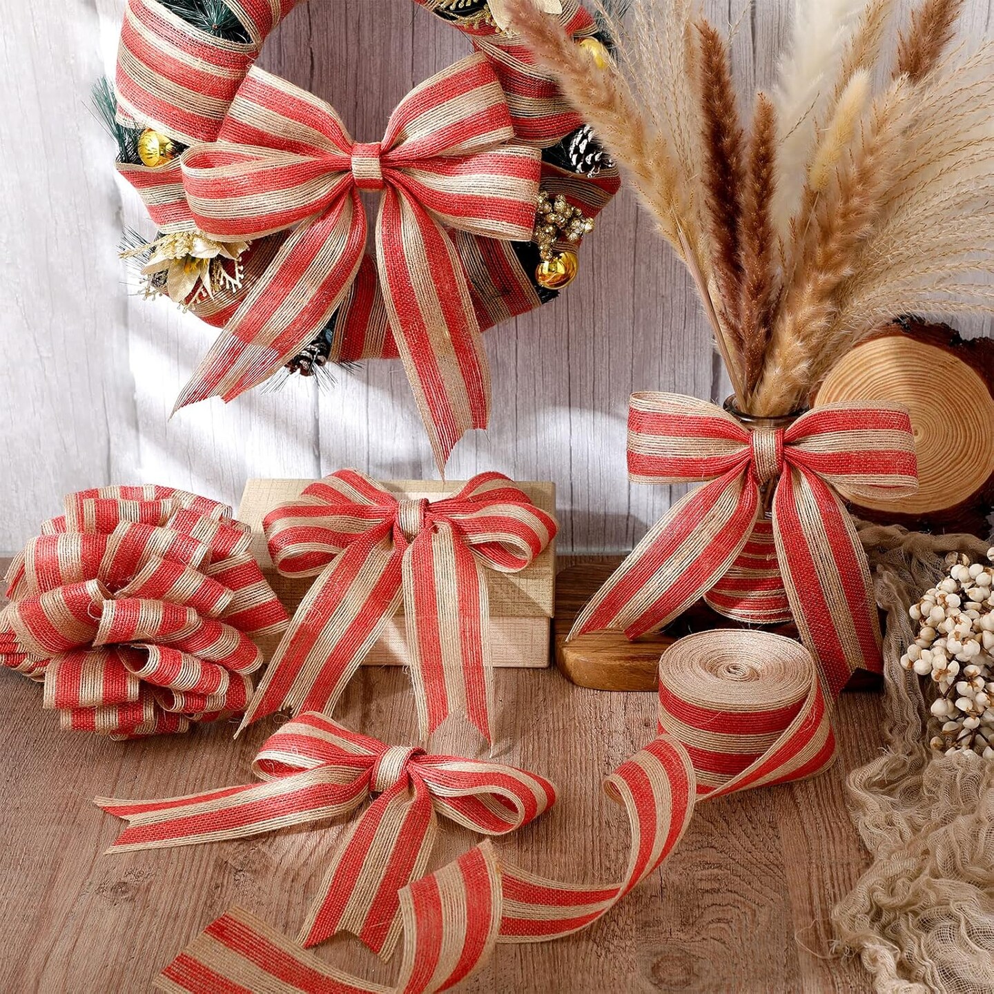 98.4 Ft Christmas Burlap Ribbon Roll Red Burlap Ribbon Gunny Sack Natural Burlap Stripe Ribbon Linen Rope Ribbon for DIY Craft Wreath Christmas Tree Decoration Wedding Party Supplies (2 Inch Wide)