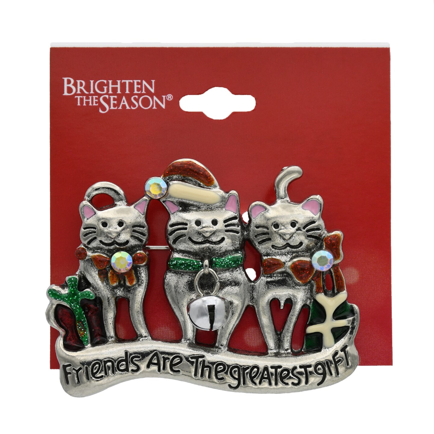 Silver Finish &#x22;Friends Are the Greatest Gift&#x22; Cat Pin Brooch