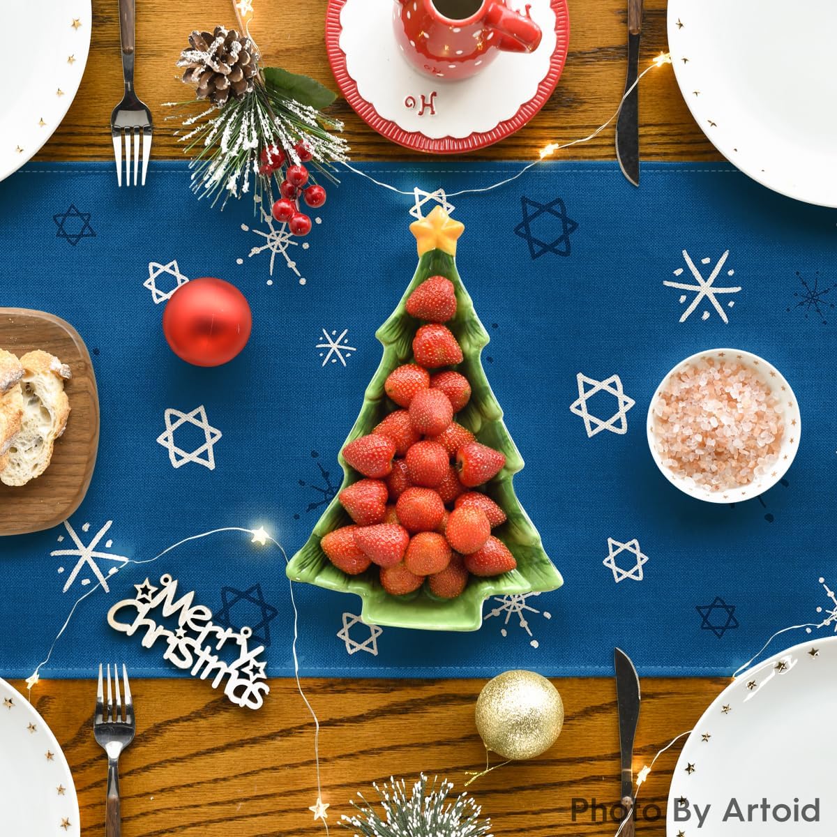 Snowman Menorah Happy Hanukkah Table Runner, Chanukah Holiday Kitchen Dining Table Decoration for Home Party Decor 13x72 Inch