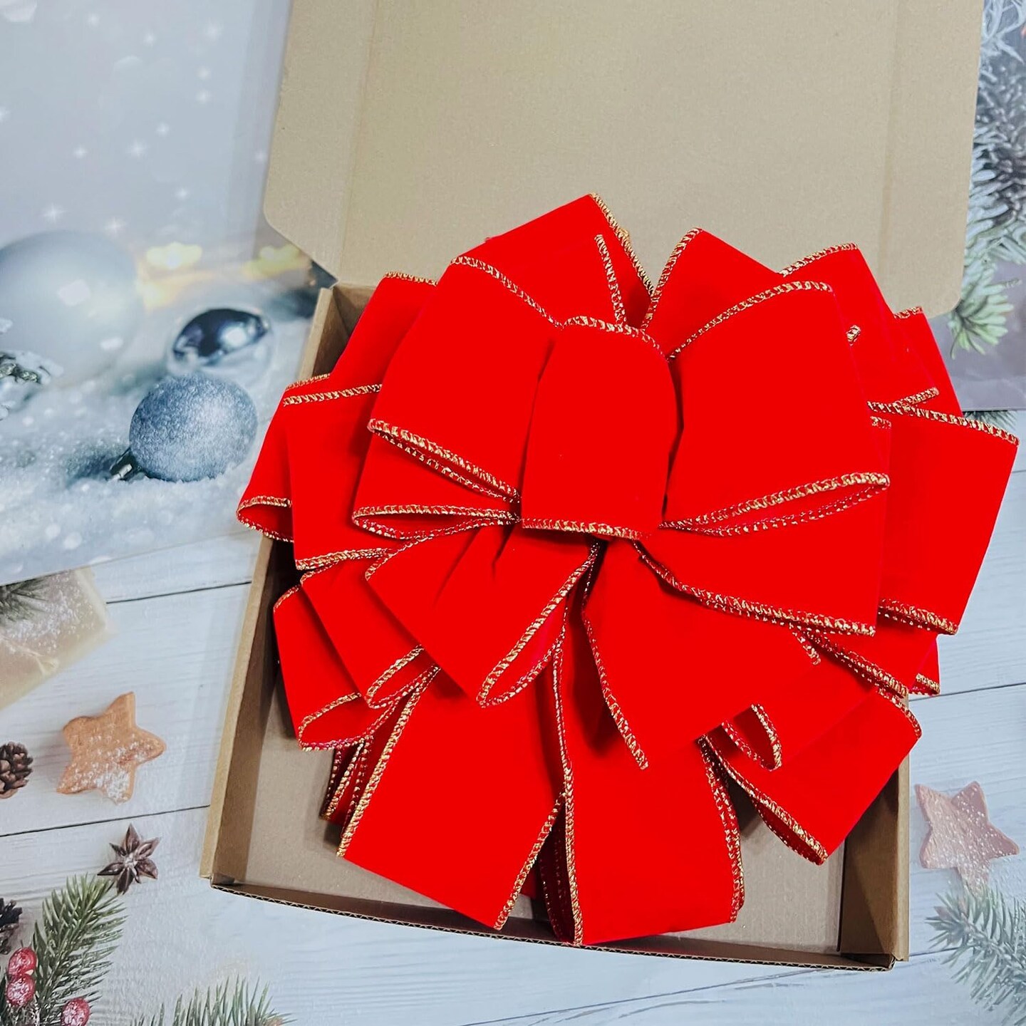 Christmas Large Bows Gift Box Packaged, Christmas Tree Topper, 45x11 Inches Gold Wired Red Velvet Bows for Wreath Floral, Outside Bowknot for Wedding Birthday New Year Car Garden Door