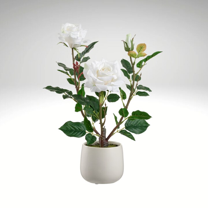 16.1&#x22; Artificial White Rose in Ceramic Vase | Elegant Faux Floral Table Decor