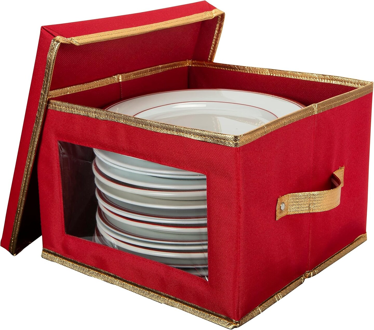 Holiday Dinner Plate Dinnerware Storage Box | 12.2 Inch | Christmas China | 12 Felt Dividers | Tableware Setting | Red