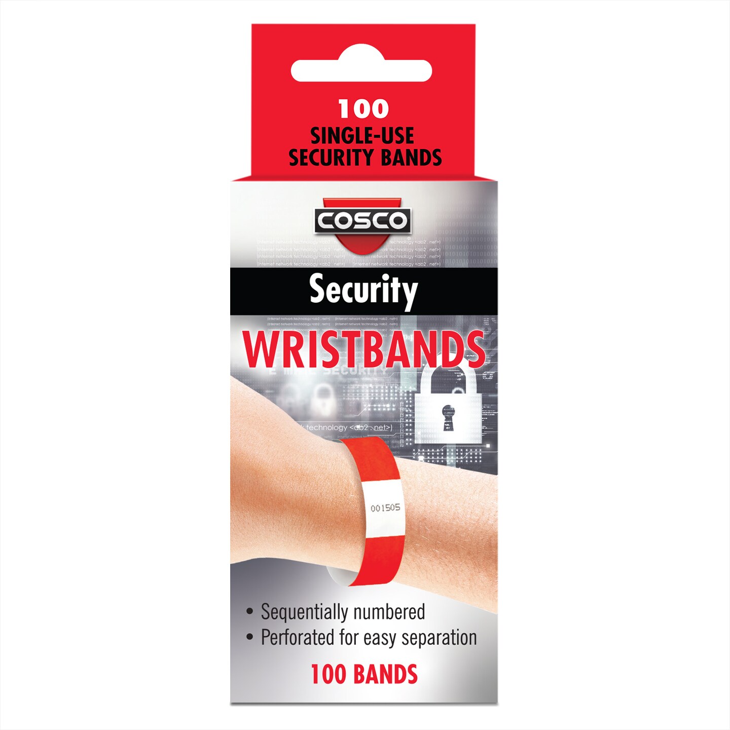 COSCO Security Wristband, Tamper Resistant, 10" x 3/4", Red, 100 bands (20 perforated sheets of 5 bands each)