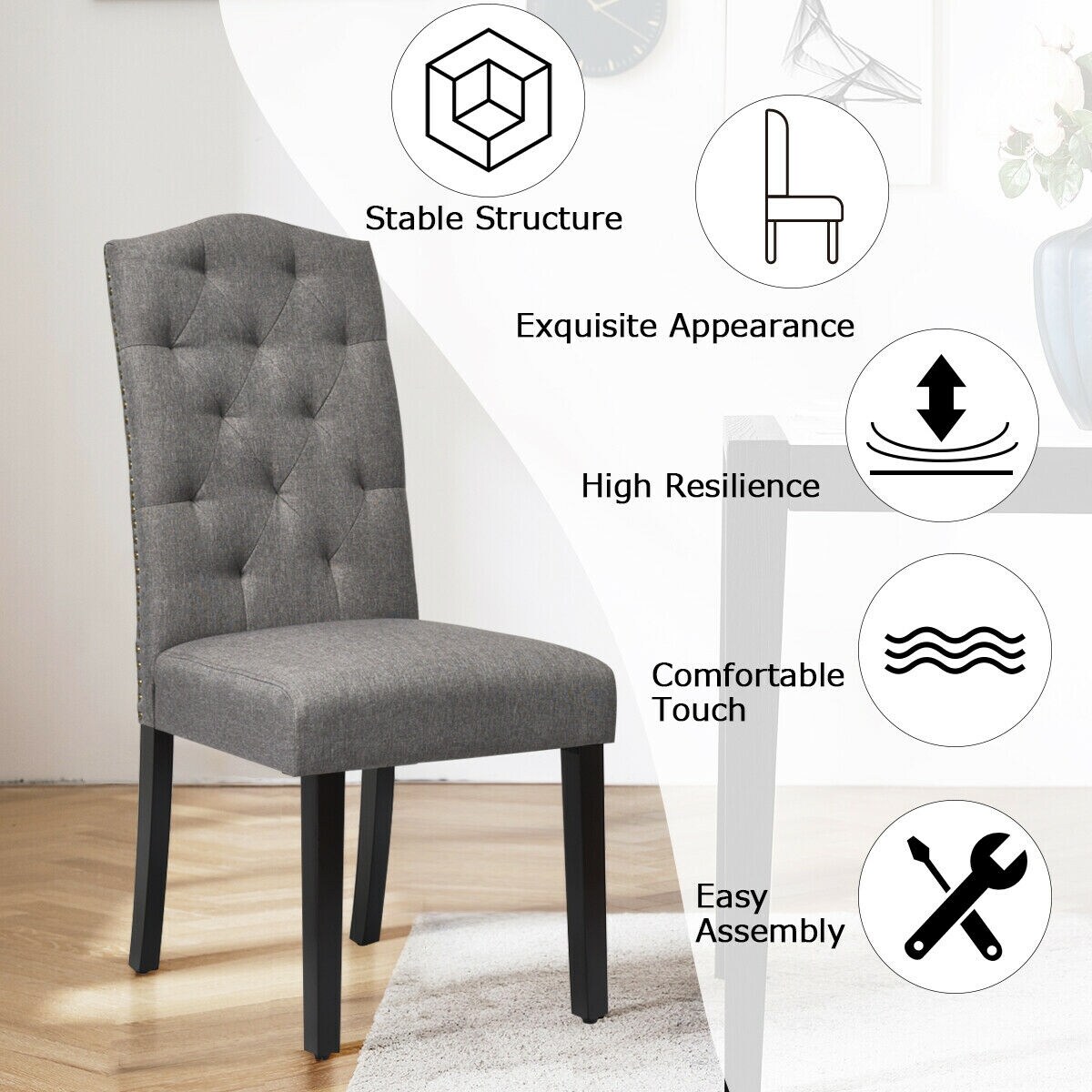 Set of 2 Tufted Upholstered Dining Chair with Curved Backrest