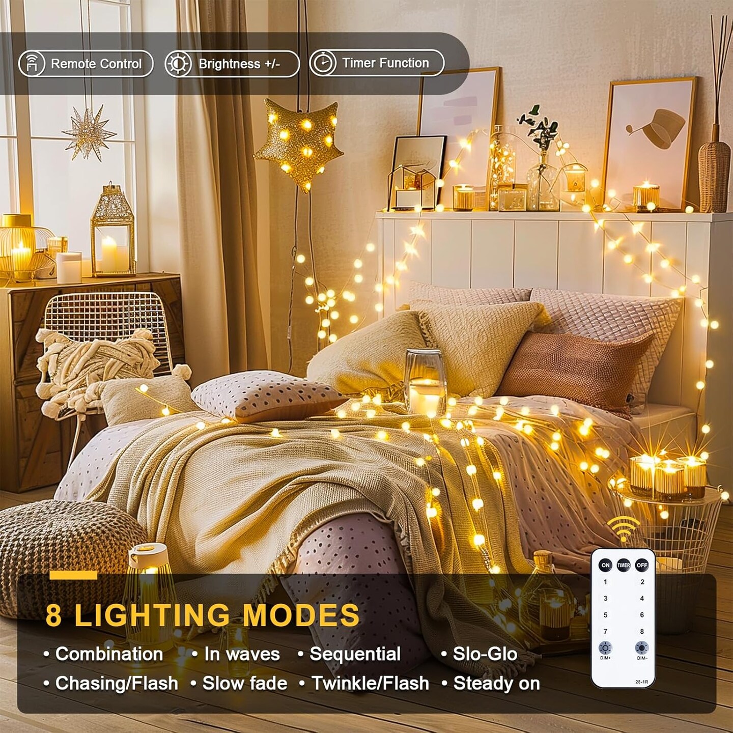 100 LED Connectable Globe String Lights Indoor Bedroom, 33ft Warm White Christmas Lights with Remote Plug in, 8Mode Hanging Fairy Lights Outdoor Waterproof for Room Dorm Christmas Decorations