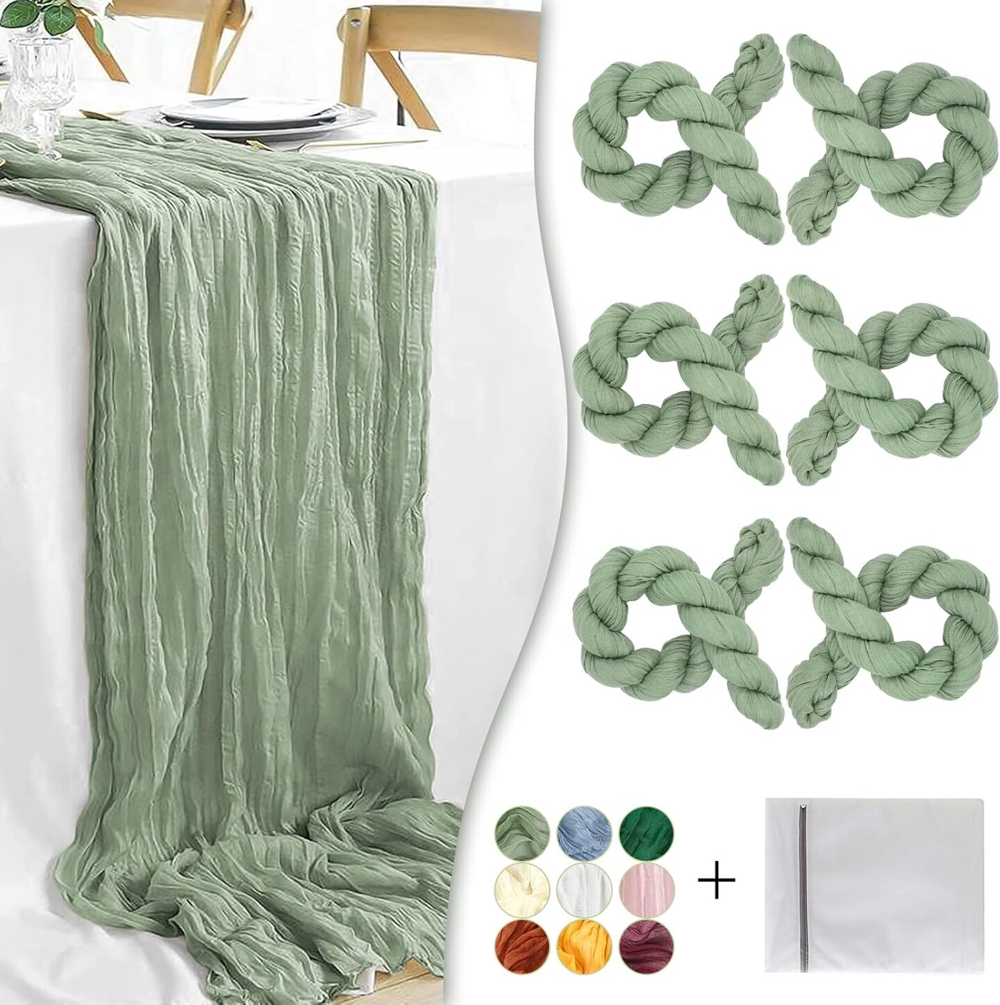 Sage Green Cheesecloth Table Runner, 6 Pack 35&#x22; Boho Gauze Table Runner 120 inches Long Sheer Rustic Table Runner Fabric Bulk for Baby Shower Wedding Bridal Birthday Party Table Decorations