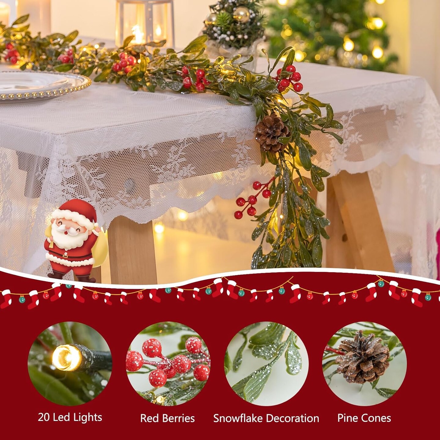 6.6FT Lighted Christmas Garland Prelit with 20 Led Lights, Flocked Garland Decorated with Pine Cones, Red Berry, Battery Operated with Timer for Mantle Stairs, Indoor Outdoor Decorations