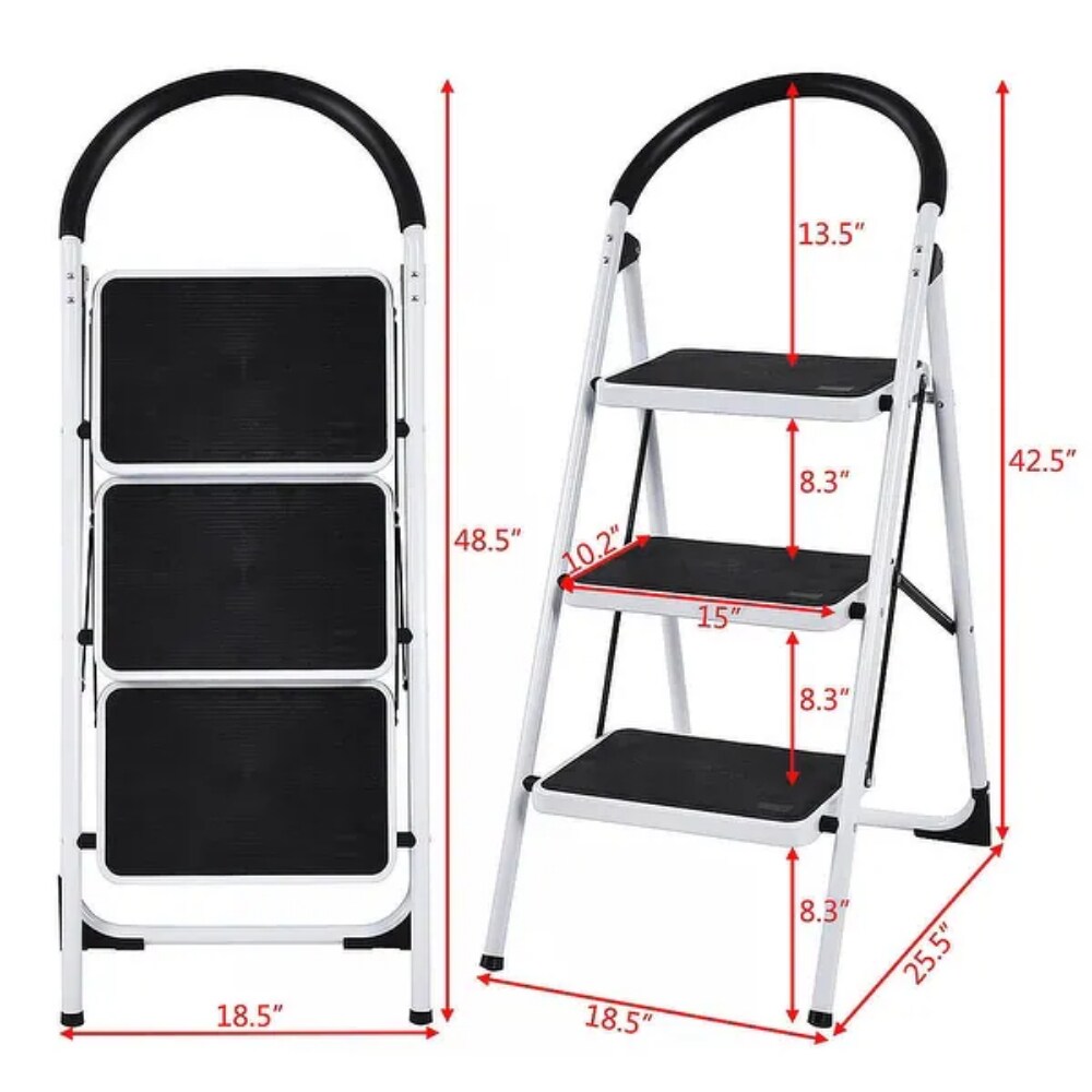 3-Step Space-Saving Foldable Ladder with Safety Rail and Wide Pedals Ideal for Home and Office
