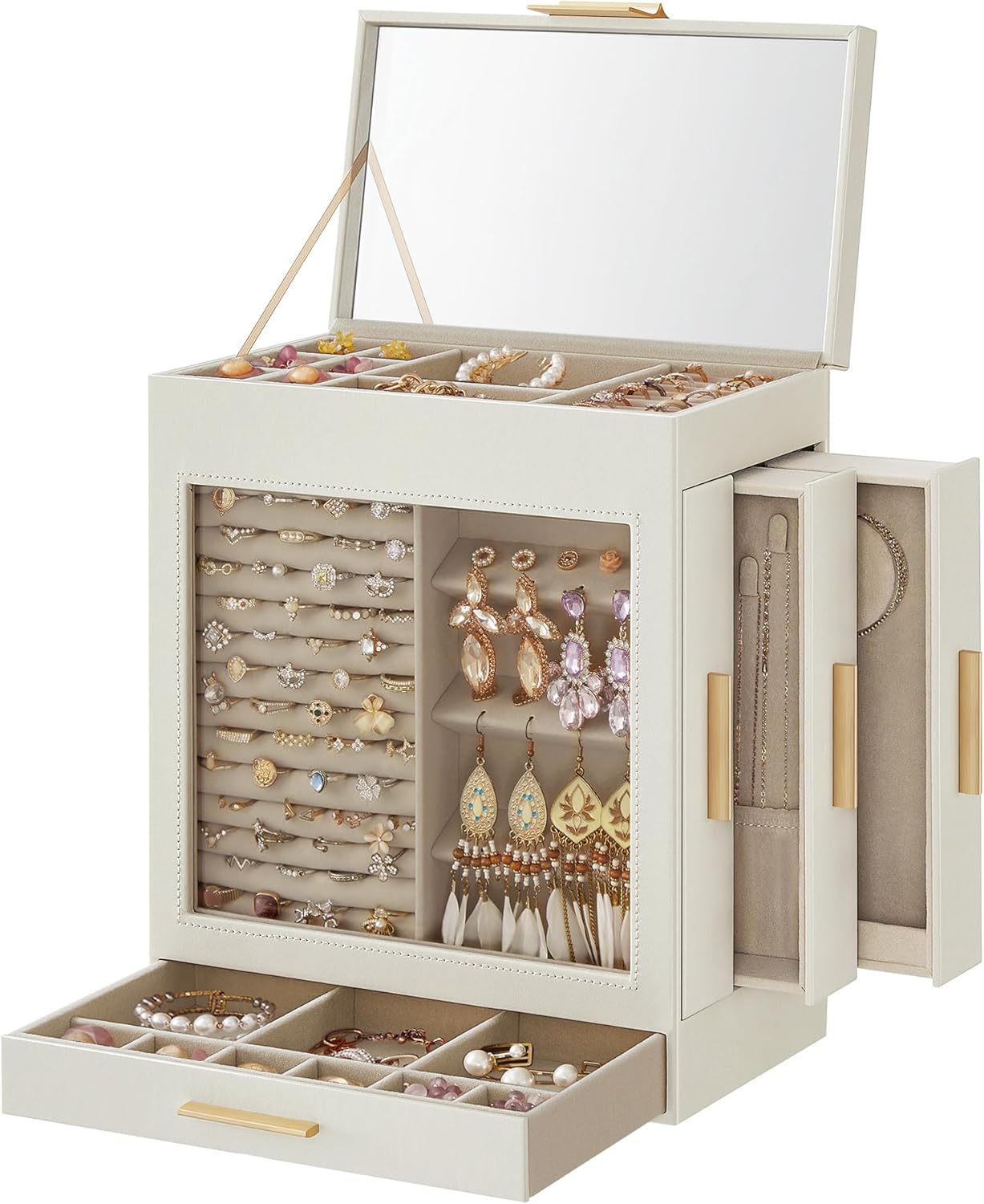 Jewelry Box with Glass Window, 5-Layer Jewelry Organizer with 3 Side Drawers, Jewelry Storage, with Big Mirror, Christmas Gift, 6.1 x 10.3 x 12.6 Inches, Cloud White and Metallic Gold