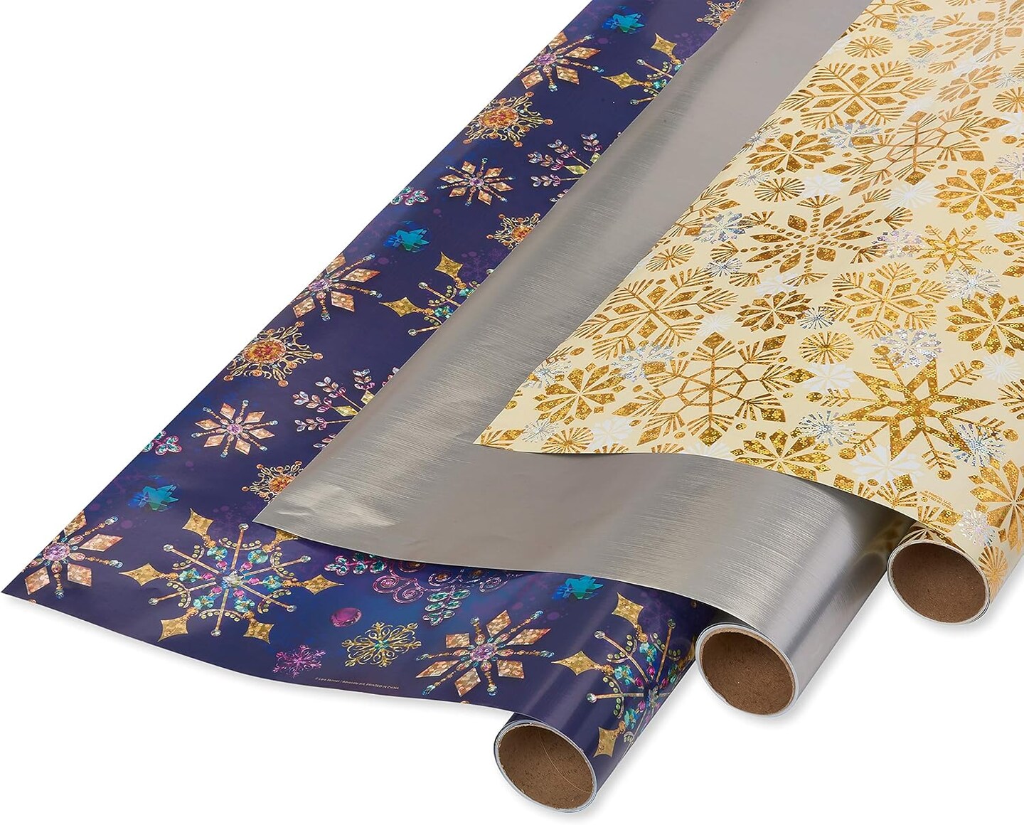 Wrapping Paper Rolls for Christmas, Hanukkah, and All Holidays, Snowflakes Print and Metallic Silver (3 Rolls, 62.5 sq. ft.)